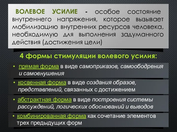 ВОЛЕВОЕ УСИЛИЕ - особое состояние внутреннего напряжения, которое вызывает мобилизацию