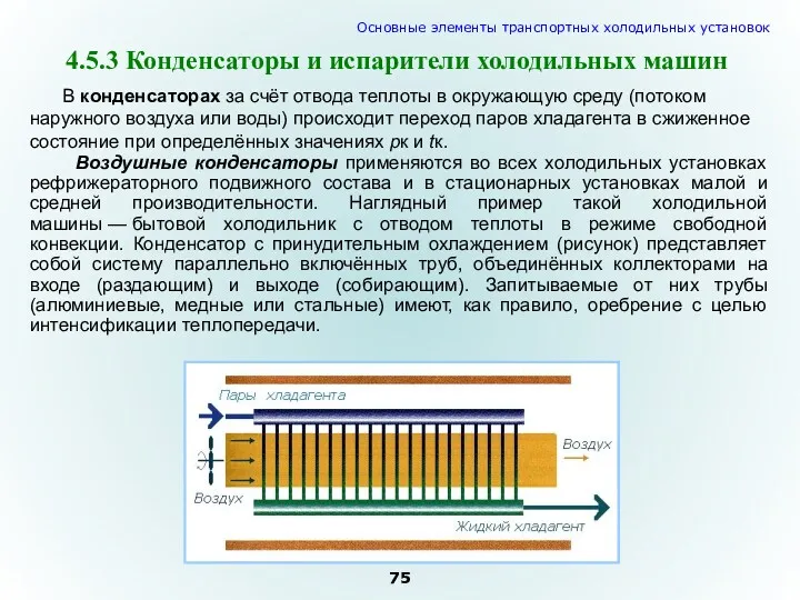 В конденсаторах за счёт отвода теплоты в окружающую среду (потоком