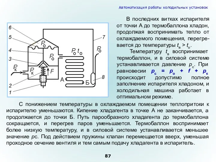 В последних витках испарителя от точки А до термобаллона хладон,