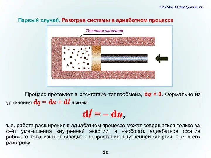 Процесс протекает в отсутствие теплообмена, dq = 0. Формально из