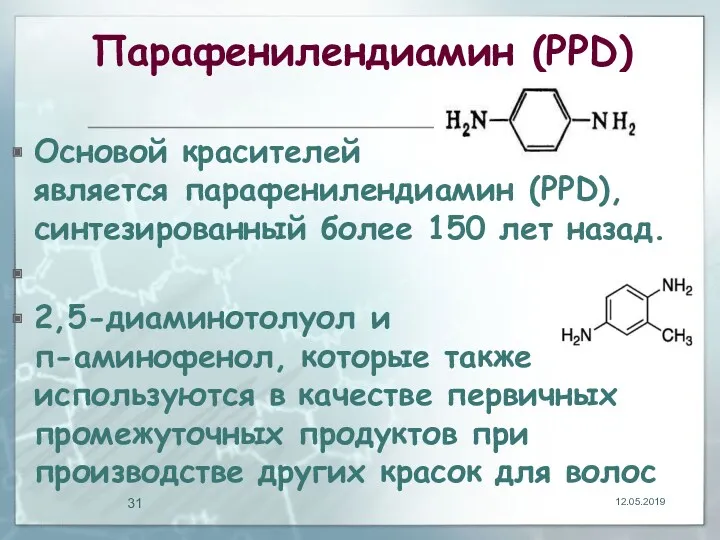 Парафенилендиамин (PPD) Основой красителей является парафенилендиамин (PPD), синтезированный более 150