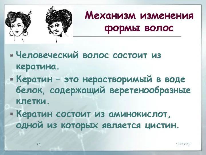 Механизм изменения формы волос Человеческий волос состоит из кератина. Кератин