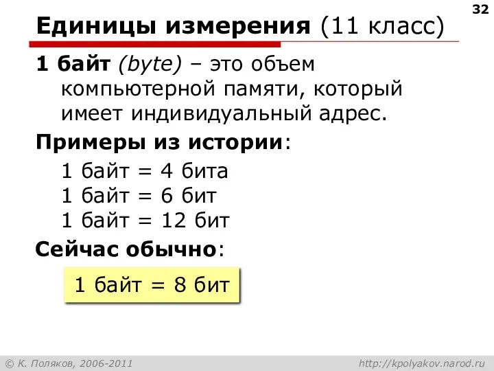 Единицы измерения (11 класс) 1 байт (bytе) – это объем