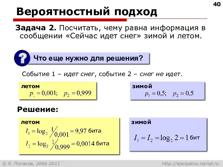 Вероятностный подход Задача 2. Посчитать, чему равна информация в сообщении