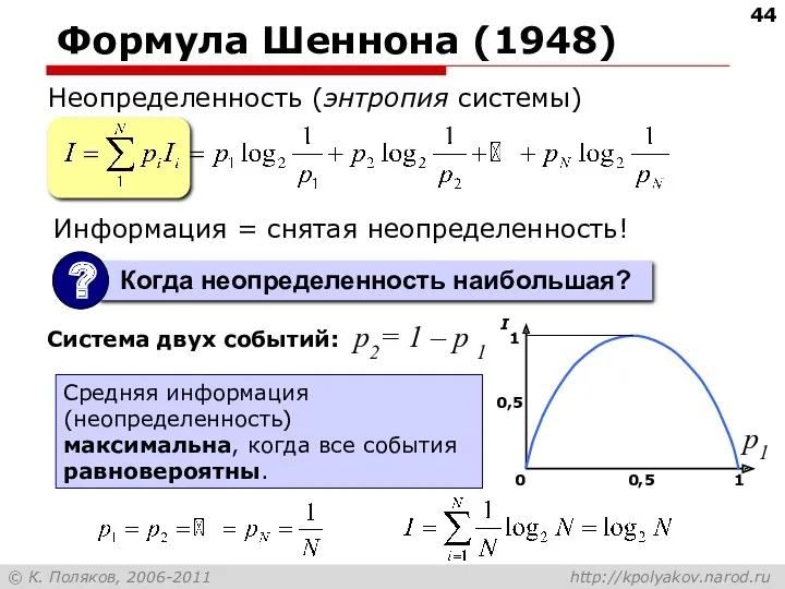 Формула Шеннона (1948) Неопределенность (энтропия системы) Система двух событий: Средняя