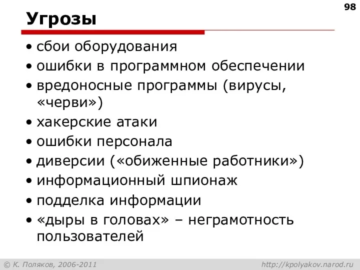 Угрозы сбои оборудования ошибки в программном обеспечении вредоносные программы (вирусы,