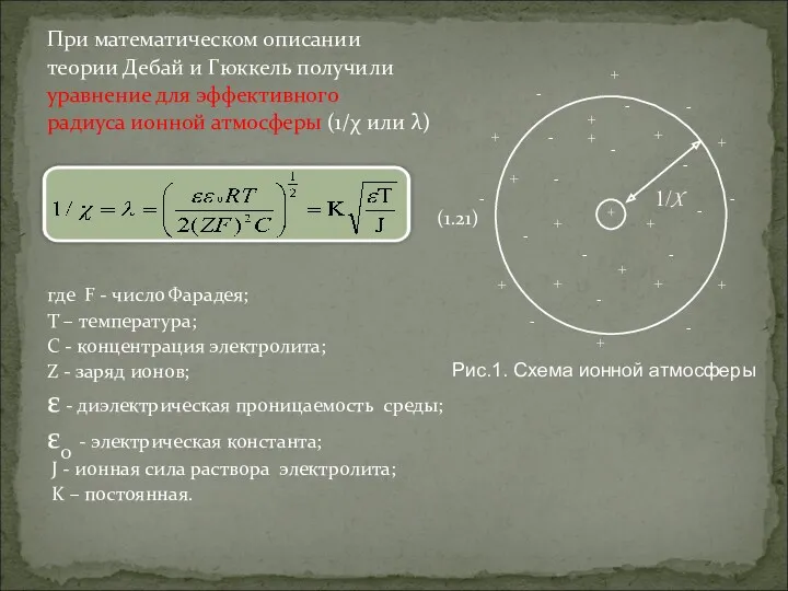 При математическом описании теории Дебай и Гюккель получили уравнение для