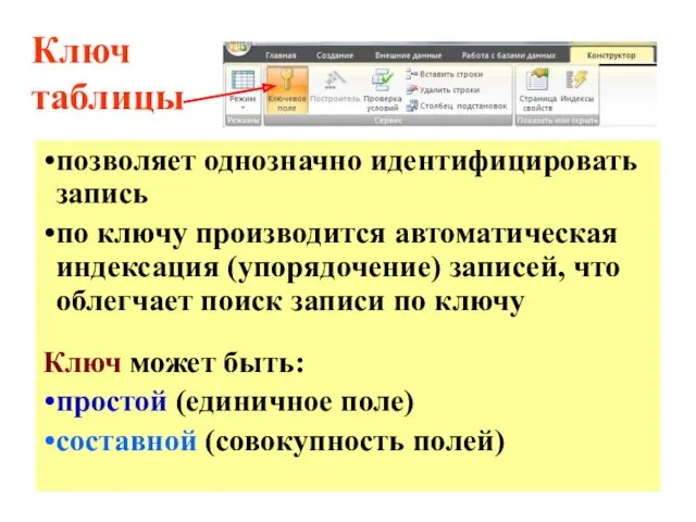 Ключ таблицы позволяет однозначно идентифицировать запись по ключу производится автоматическая