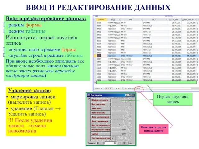 ВВОД И РЕДАКТИРОВАНИЕ ДАННЫХ Ввод и редактирование данных: режим формы