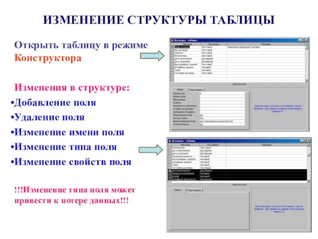 ИЗМЕНЕНИЕ СТРУКТУРЫ ТАБЛИЦЫ Открыть таблицу в режиме Конструктора Изменения в