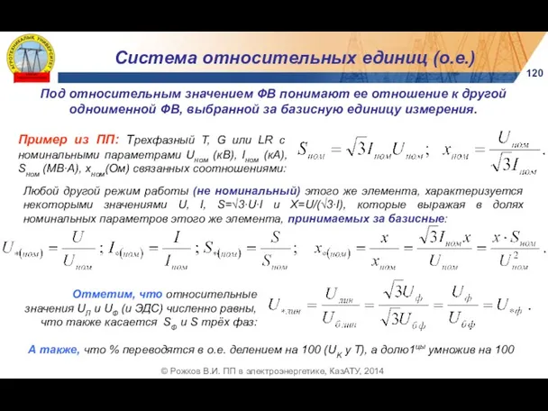 Система относительных единиц (о.е.) 120 © Рожков В.И. ПП в