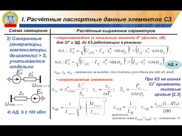 3) Синхронные (генераторы, компенсаторы, двигатели) > S, учитываются отдельно 4)