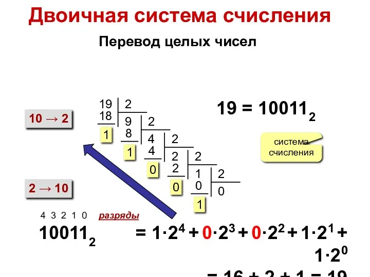 Двоичная система счисления Перевод целых чисел 19 10 → 2
