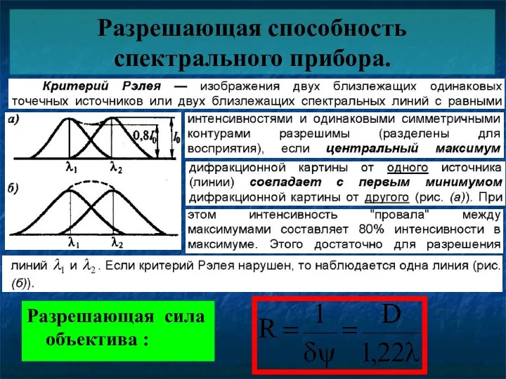 Разрешающая способность спектрального прибора. Разрешающая сила объектива :