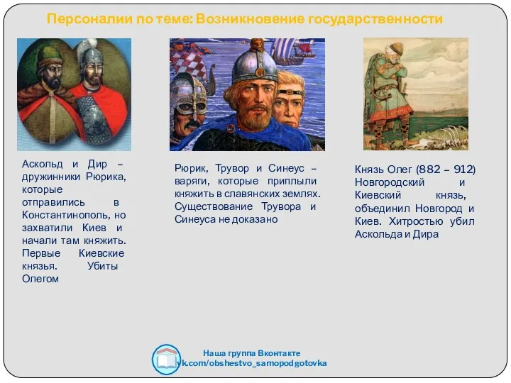 Персоналии по теме: Возникновение государственности Наша группа Вконтакте vk.com/obshestvo_samopodgotovka Аскольд и Дир –