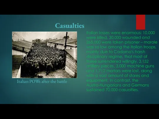 Casualties Italian losses were enormous: 10,000 were killed, 30,000 wounded