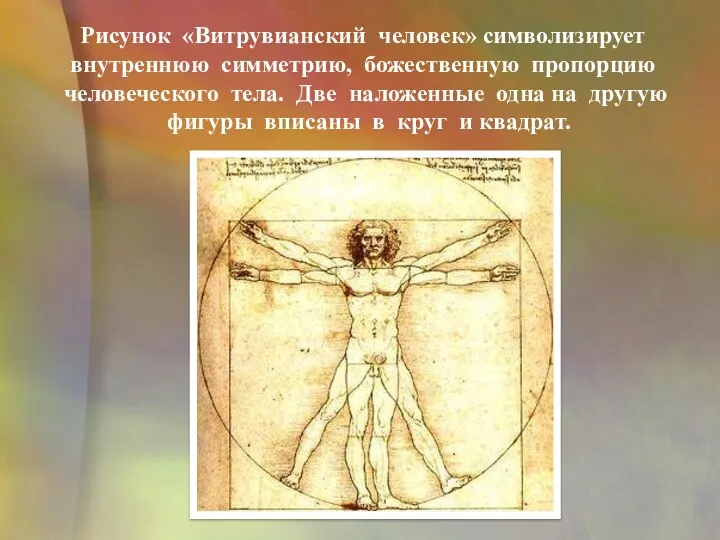 Рисунок «Витрувианский человек» символизирует внутреннюю симметрию, божественную пропорцию человеческого тела.