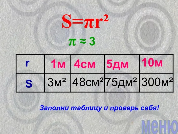 π ≈ 3 4см S=πr² 48см² 5дм 75дм² 10м 300м²