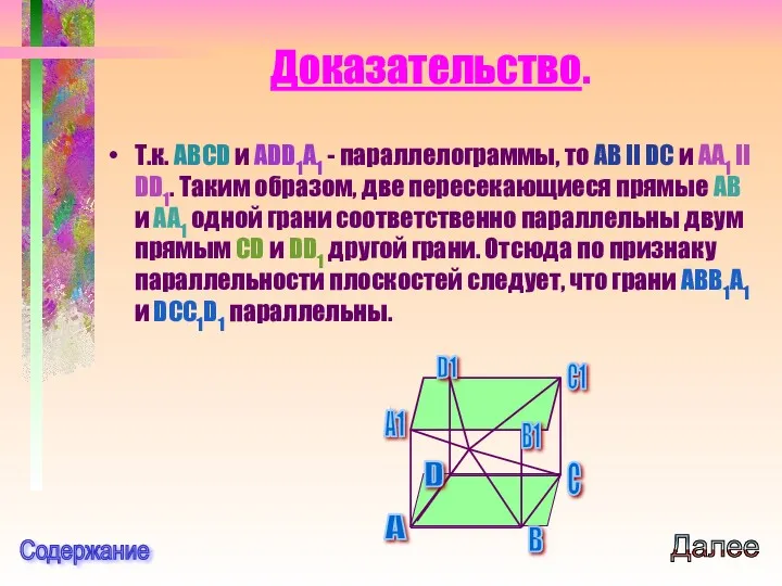 Доказательство. Т.к. ABCD и ADD1A1 - параллелограммы, то AB II