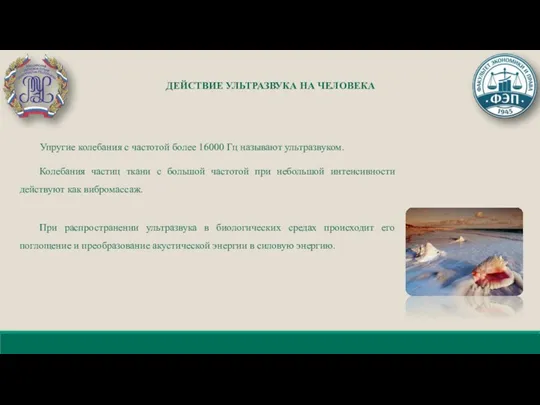 ДЕЙСТВИЕ УЛЬТРАЗВУКА НА ЧЕЛОВЕКА Упругие колебания с частотой более 16000