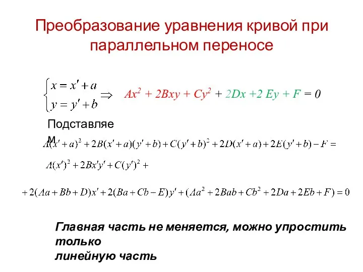 Преобразование уравнения кривой при параллельном переносе Ax2 + 2Bxy + Cy2 + 2Dx