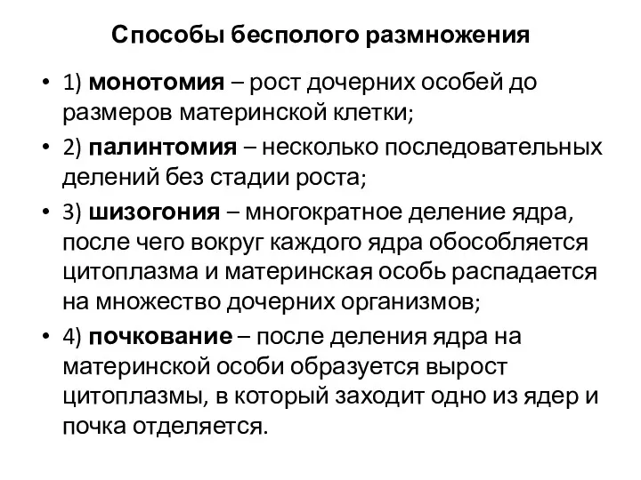 Способы бесполого размножения 1) монотомия – рост дочерних особей до