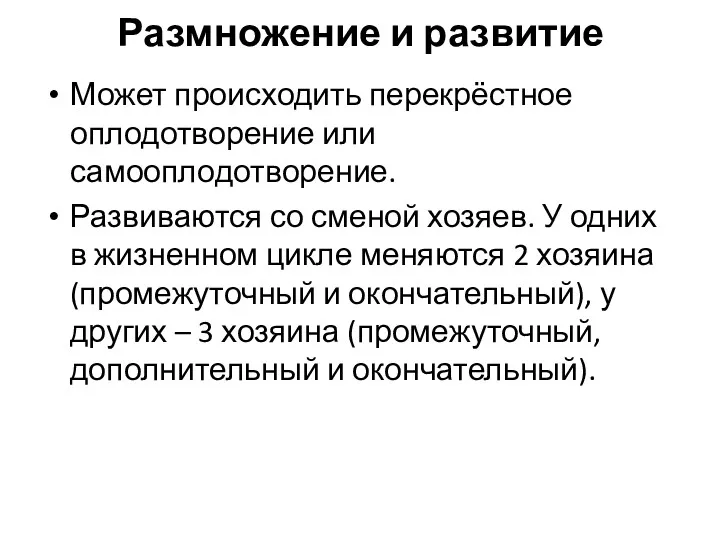 Размножение и развитие Может происходить перекрёстное оплодотворение или самооплодотворение. Развиваются