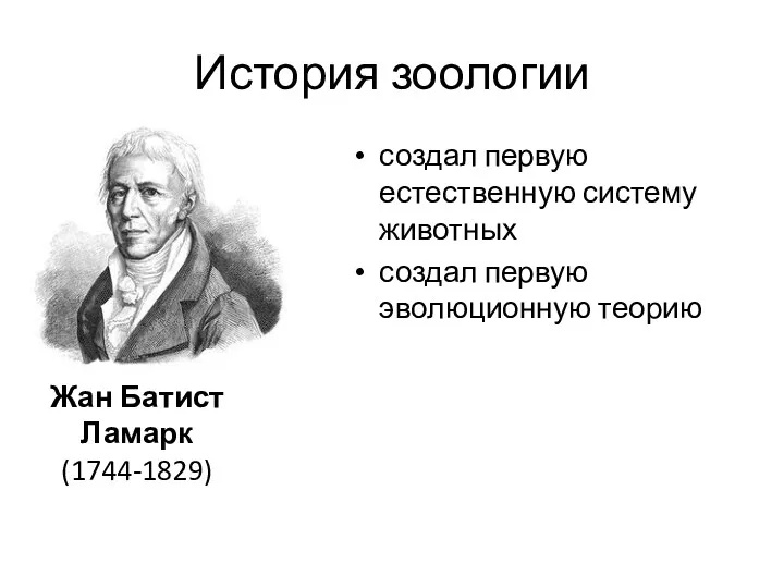 История зоологии создал первую естественную систему животных создал первую эволюционную теорию Жан Батист Ламарк (1744-1829)