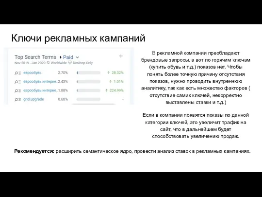 Ключи рекламных кампаний В рекламной компании преобладают брендовые запросы, а