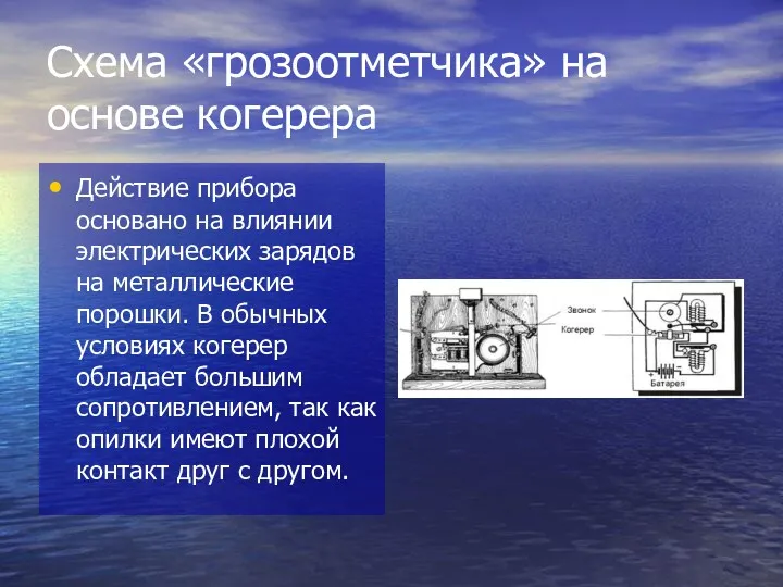 Схема «грозоотметчика» на основе когерера Действие прибора основано на влиянии