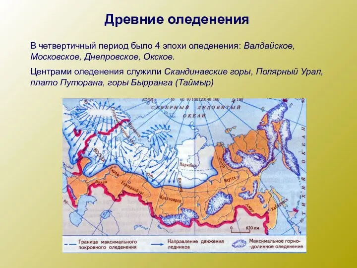 Древние оледенения В четвертичный период было 4 эпохи оледенения: Валдайское, Московское, Днепровское, Окское.