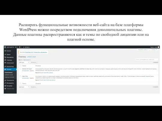 Расширить функциональные возможности веб-сайта на базе платформы WordPress можно посредством подключения дополнительных плагины.