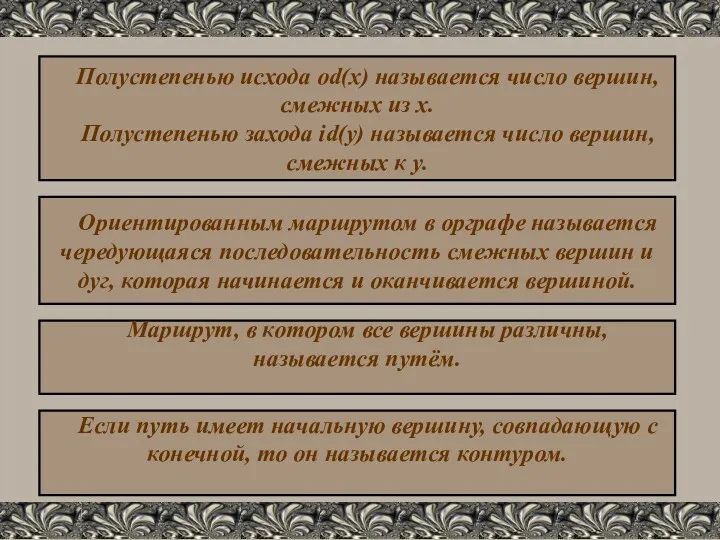 Полустепенью исхода od(x) называется число вершин, смежных из x. Полустепенью