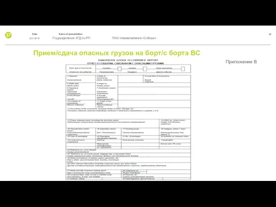 Прием/сдача опасных грузов на борт/с борта ВС Приложение В 3/21/2019