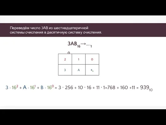 Переведём число 3АВ из шестнадцатеричной системы счисления в десятичную систему
