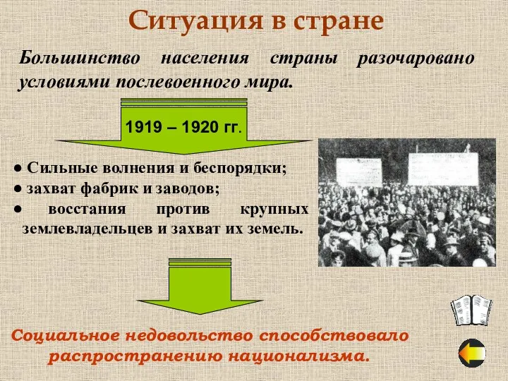 Ситуация в стране Большинство населения страны разочаровано условиями послевоенного мира.