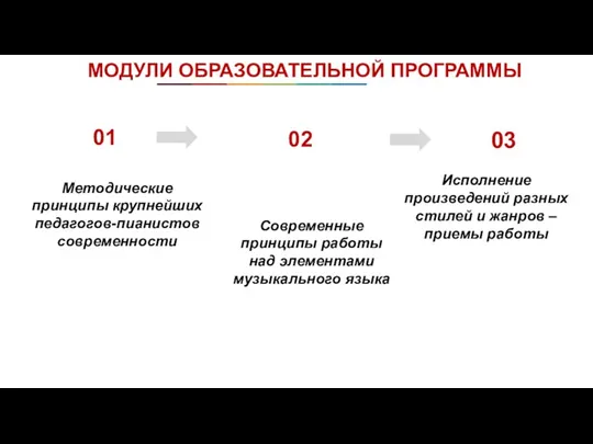 01 02 03 МОДУЛИ ОБРАЗОВАТЕЛЬНОЙ ПРОГРАММЫ Методические принципы крупнейших педагогов-пианистов современности Исполнение произведений