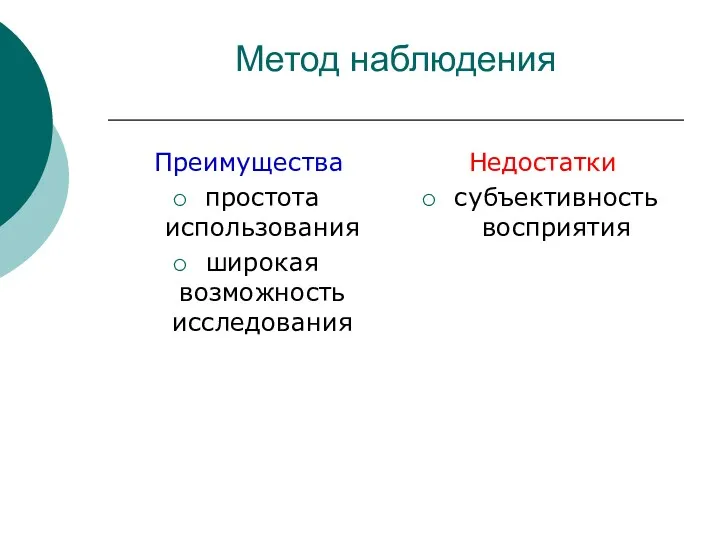 Метод наблюдения Преимущества простота использования широкая возможность исследования Недостатки субъективность восприятия