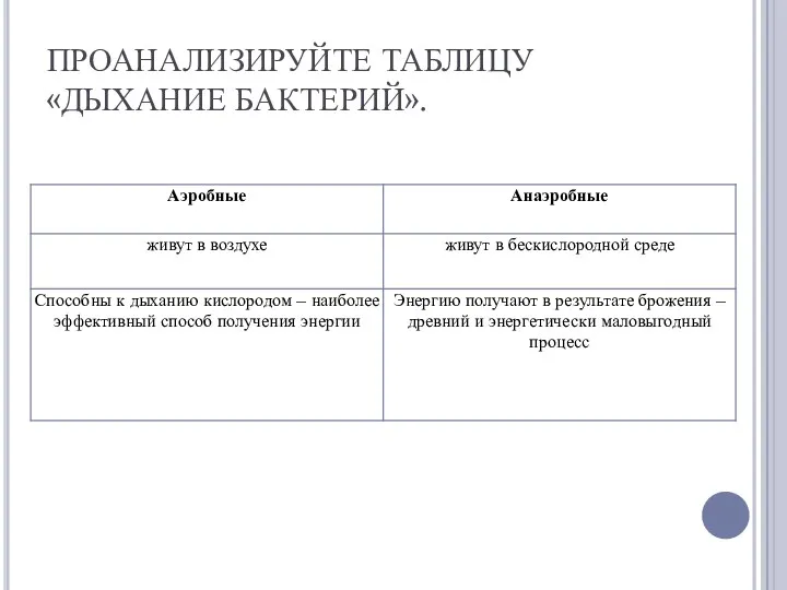 ПРОАНАЛИЗИРУЙТЕ ТАБЛИЦУ «ДЫХАНИЕ БАКТЕРИЙ».