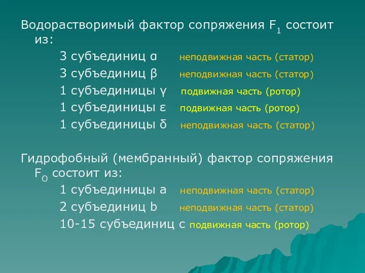 Водорастворимый фактор сопряжения F1 cостоит из: 3 субъединиц α неподвижная