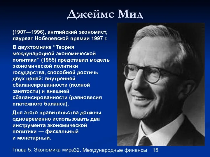 Глава 5. Экономика мира 32. Международные финансы Джеймс Мид (1907—1996),