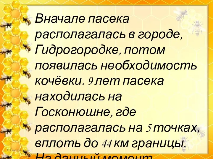 Вначале пасека располагалась в городе, Гидрогородке, потом появилась необходимость кочёвки.