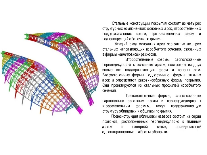 Стальные конструкции покрытия состоят из четырех структурных компонентов: основных арок,