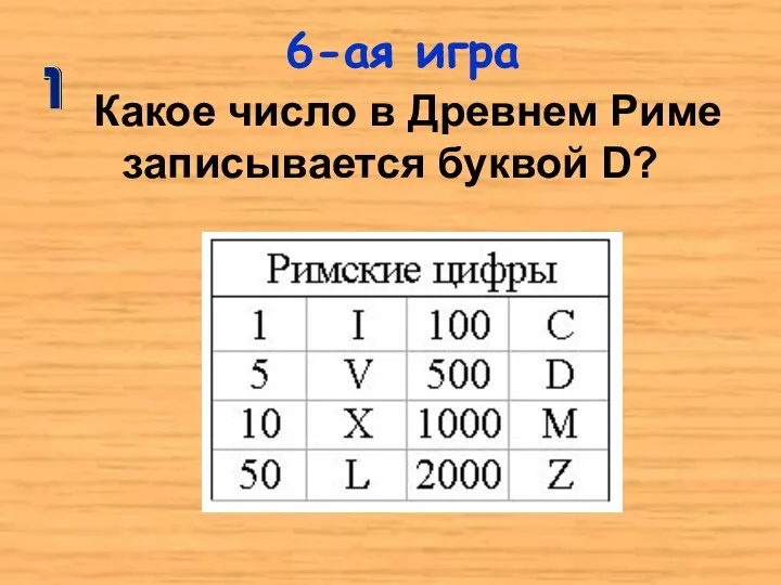 Какое число в Древнем Риме записывается буквой D? 6-ая игра