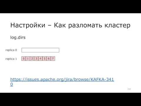 Настройки – Как разломать кластер log.dirs https://issues.apache.org/jira/browse/KAFKA-3410 replica 0 replica 1