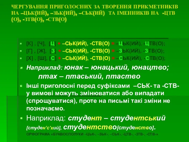 ЧЕРГУВАННЯ ПРИГОЛОСНИХ ЗА ТВОРЕННЯ ПРИКМЕТНИКІВ НА –ЦЬК(ИЙ), –ЗЬК(ИЙ), –СЬК(ИЙ) ТА