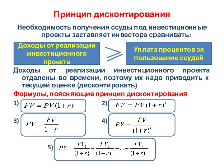 Принцип дисконтирования Необходимость получения ссуды под инвестиционные проекты заставляет инвестора сравнивать: Доходы от