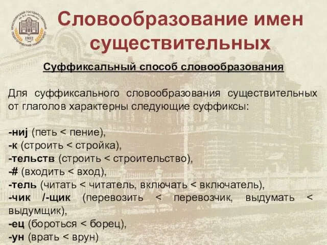 Словообразование имен существительных Суффиксальный способ словообразования Для суффиксального словообразования существительных