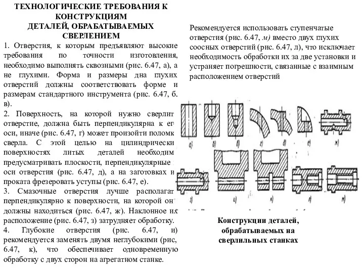 ТЕХНОЛОГИЧЕСКИЕ ТРЕБОВАНИЯ К КОНСТРУКЦИЯМ ДЕТАЛЕЙ, ОБРАБАТЫВАЕМЫХ СВЕРЛЕНИЕМ 1. Отверстия, к