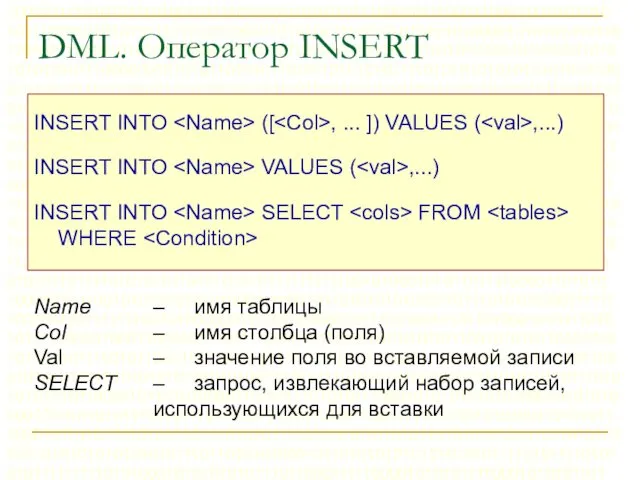 DML. Оператор INSERT INSERT INTO ([ , ... ]) VALUES